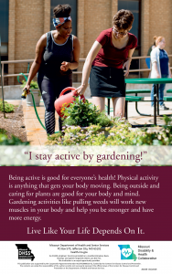 Healthy living poster that depicts two women watering plants outdoors